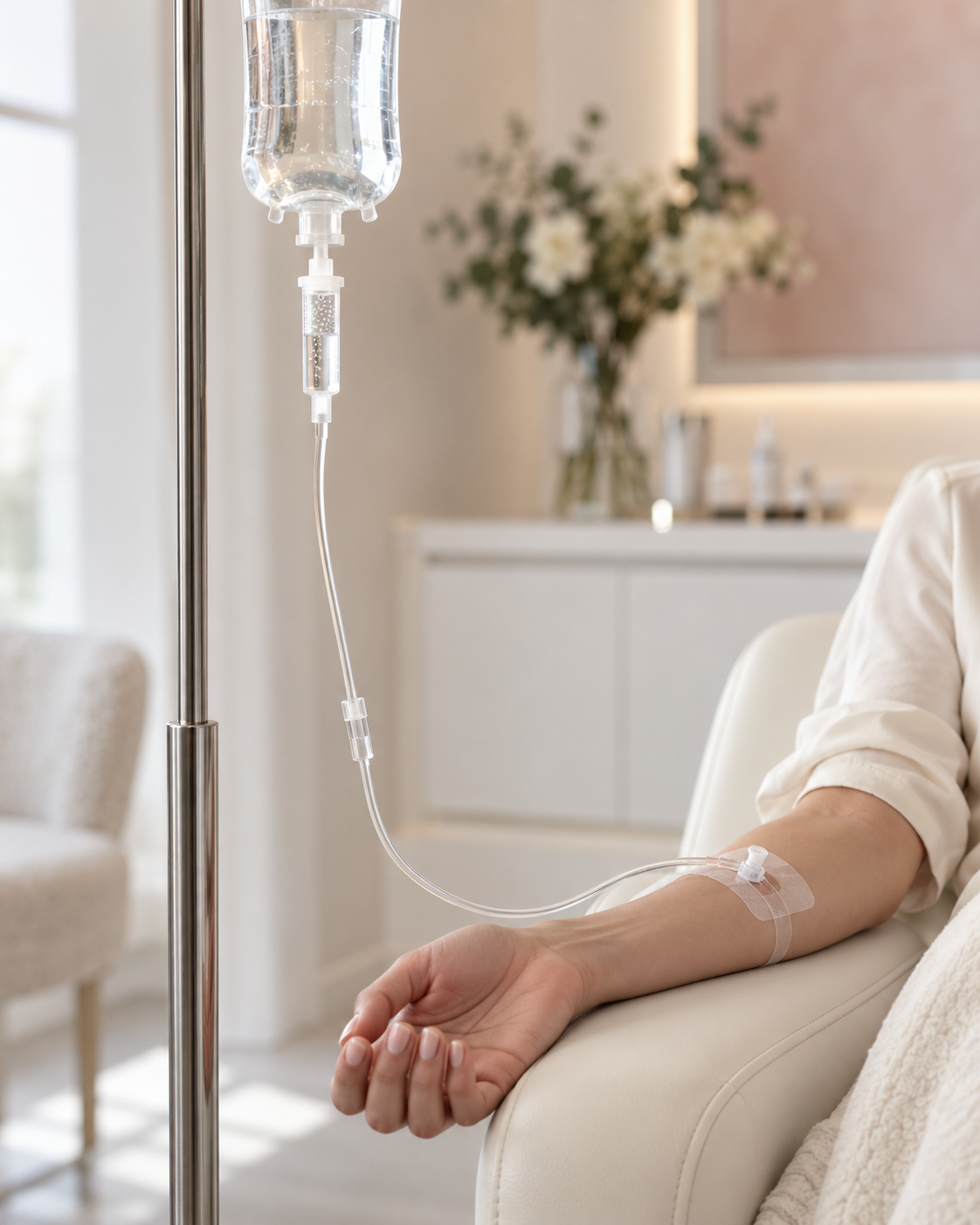 Illustrative editorial view of clear IV equipment beside a relaxed forearm in a bright treatment setting
